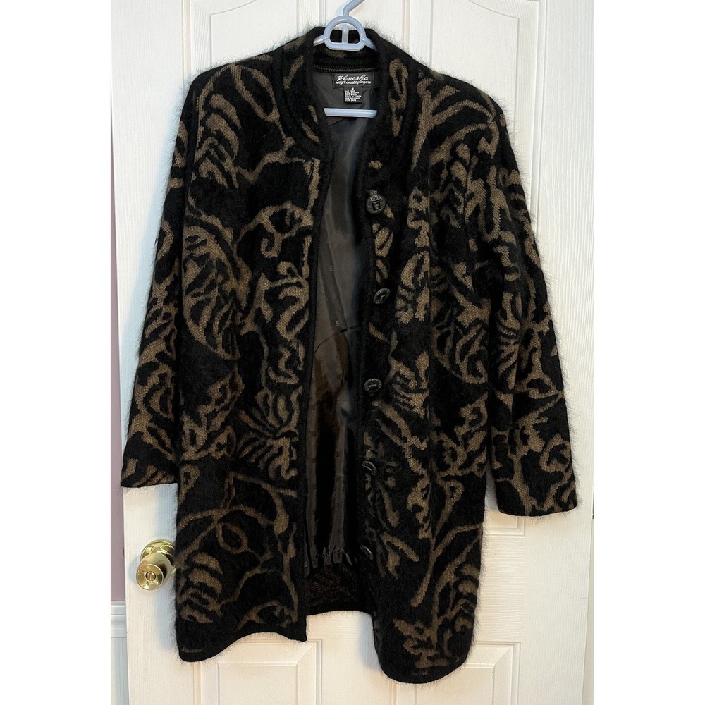 VENESHA Black & Brown Angora Thigh Length Patterned Sweater Jacket Size Small